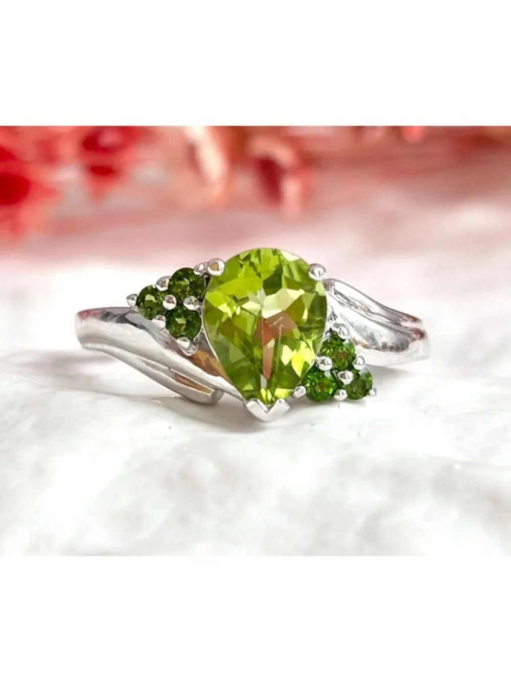 Thai Made Pear Cut Multi Stone Peridot Sterling Silver 925 Vintage Ring sz 7.75